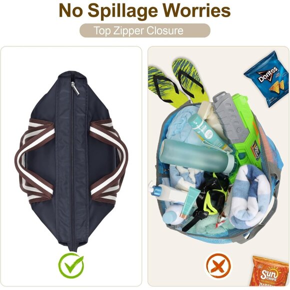 Women's Black Vacation Waterproof Sandproof With Zipper Mesh Pockets Beach Bag - Picture 7 of 8